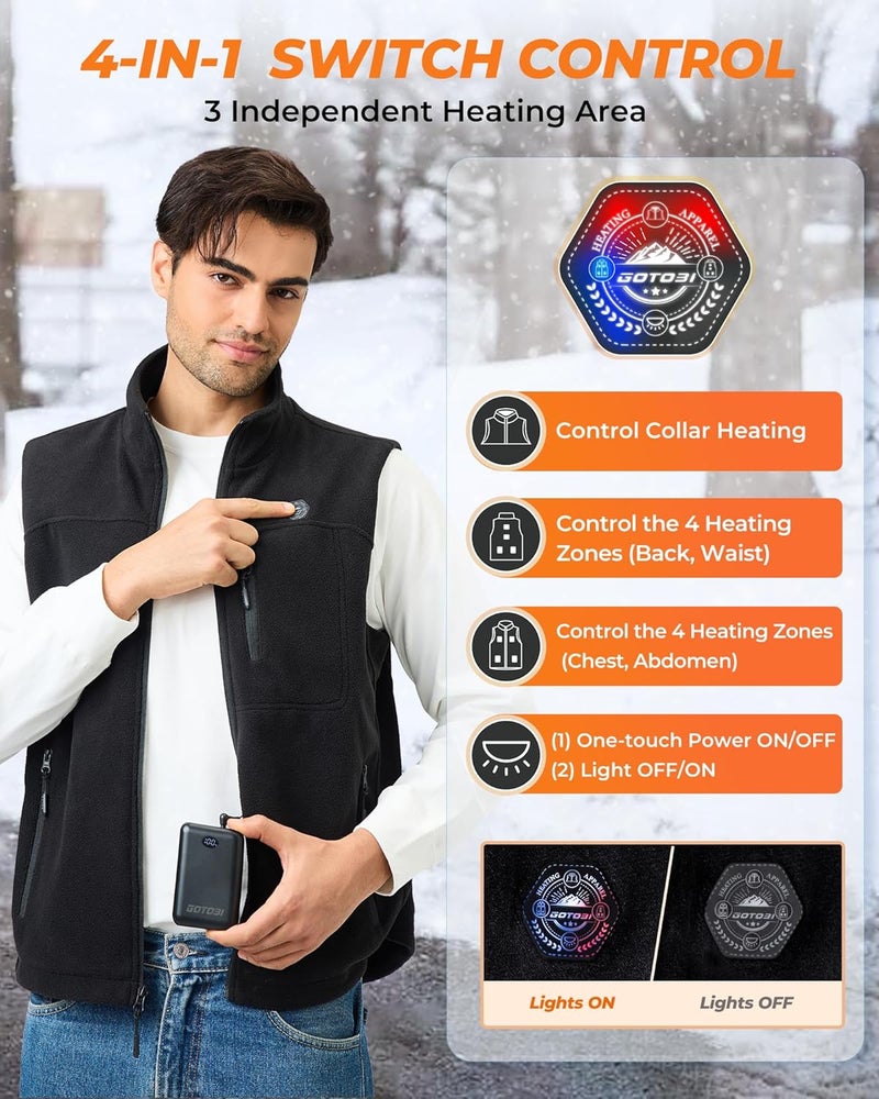 GOTOBI Store Fleece Heated Vest for Men with 16000mAh 7.4V Battery, Ergonomics Heating System, 9 Heating Zones Vest for Skiing - Image 3